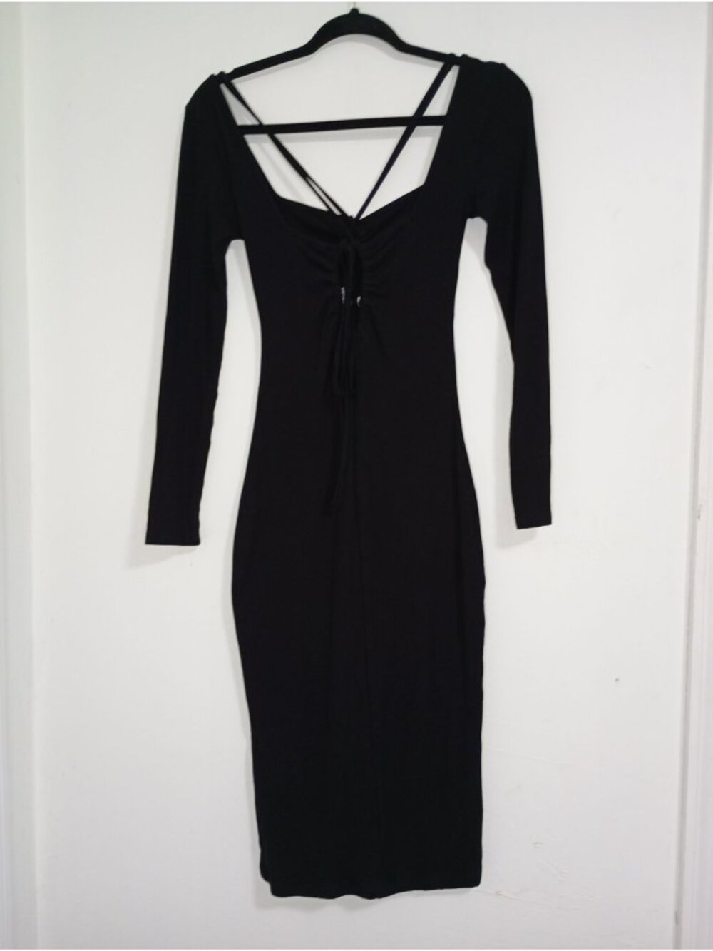 Jluxlabel Black Bodycon Midi Dress Strappy & Ruched Front Long Sleeves M Black